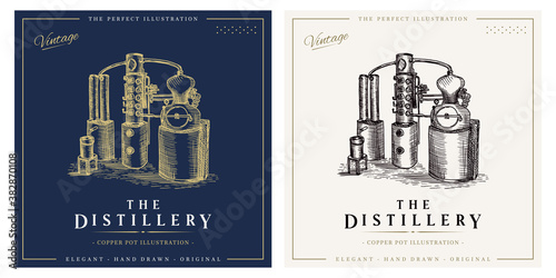 Distillery whiskey vintage logo alcohol distillation process illustration photo