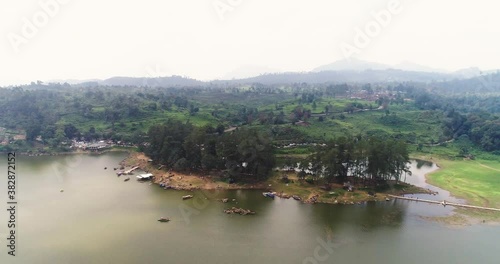 Amazing Lake Situ Patenggang and tea plantation from above by drone photo