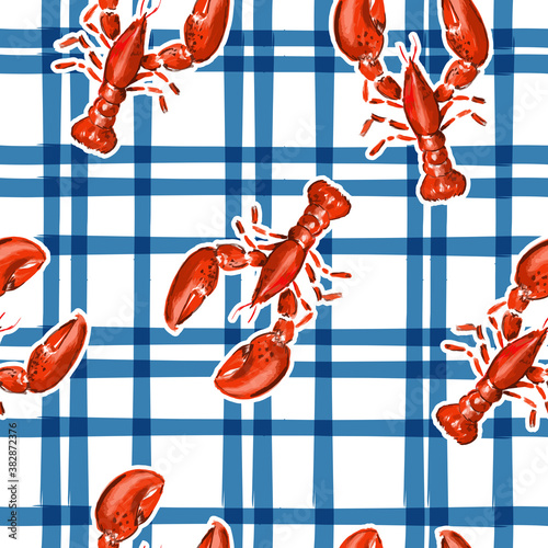 Trendy hand drawn lobster with electric blue check seamless pattern vector in summer vibes,Design for fashion , fabric, textile, wallpaper, cover, web