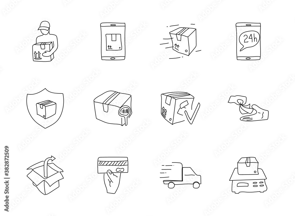 delivery doodles isolated on white. delivery icon set for web design, user interface, mobile apps and print delivery doodles isolated on white. delivery icon set for web design, user interface, mobile apps and print