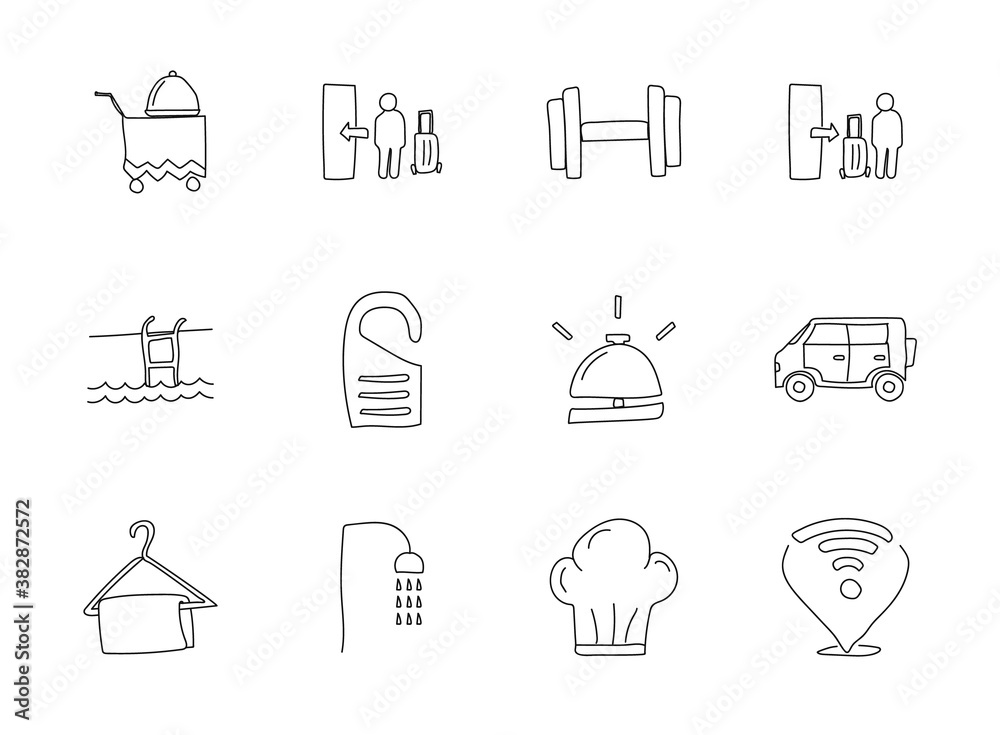 hotel hand drawn linear vector icons isolated on white background. hotel doodle icon set for web and ui design, mobile apps and print products