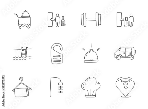 hotel hand drawn linear vector icons isolated on white background. hotel doodle icon set for web and ui design, mobile apps and print products