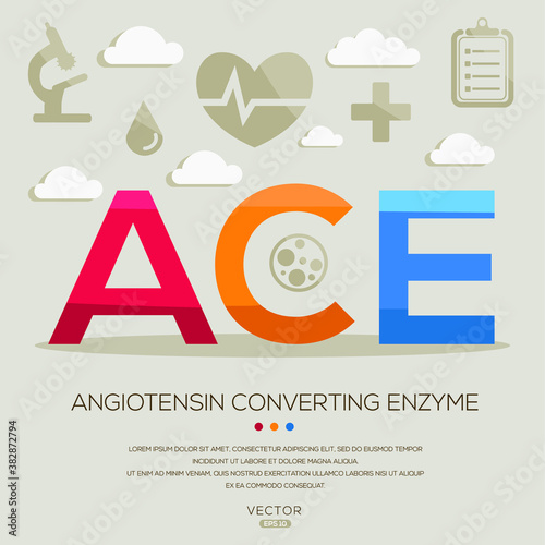 ACE mean (angiotensin converting enzyme) ,letters and icons ,Vector illustration.	