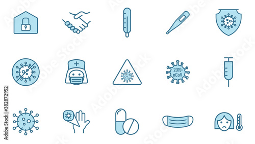 covid-19 coronavirus line vector icons in two colors isolated on white. coronavirus pandemic blue icon set for web and ui design, mobile apps and print products