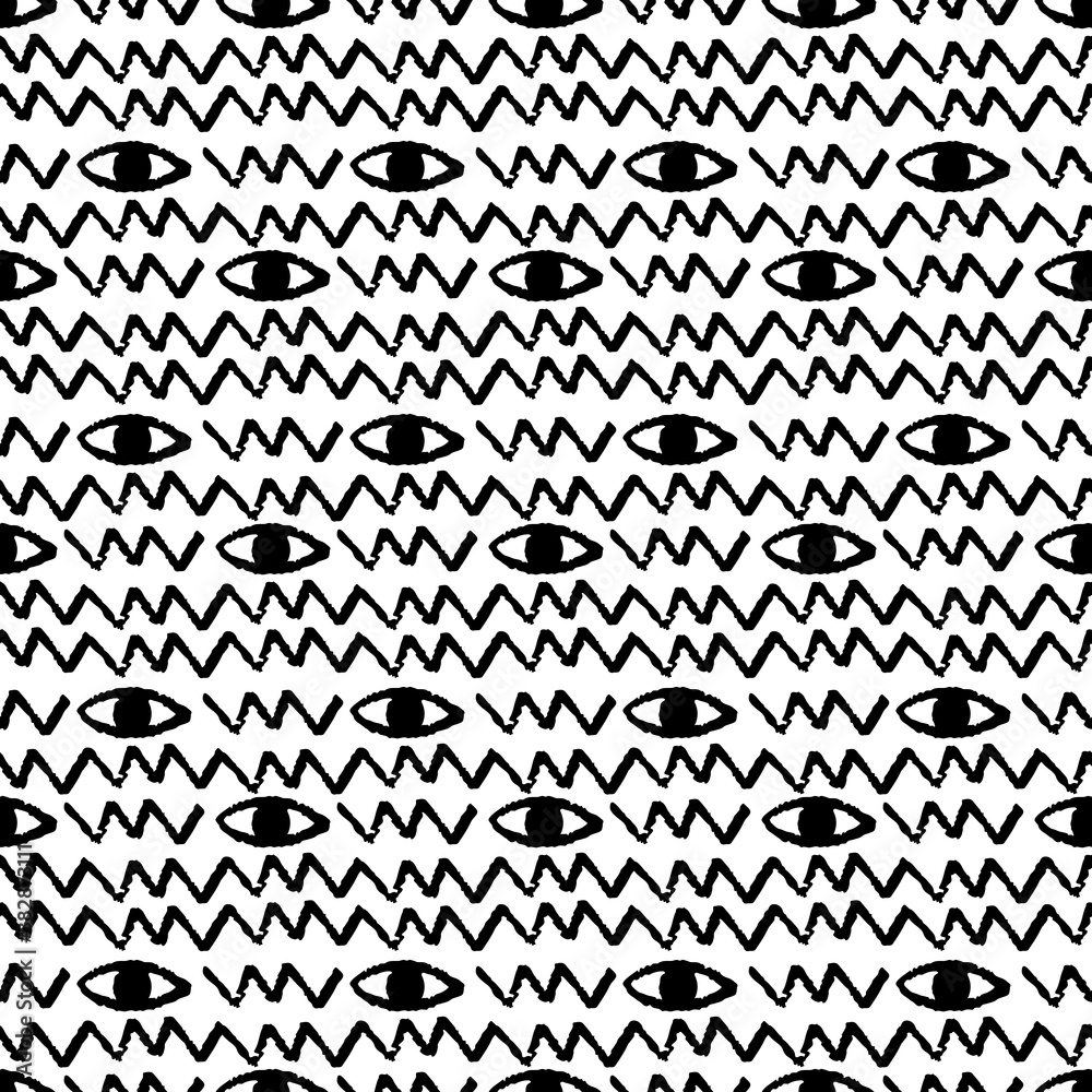 Grunge pattern with black and white eyes. Minimal hand drawn background for fabric or wall paper. Repeating pattern for textile design.