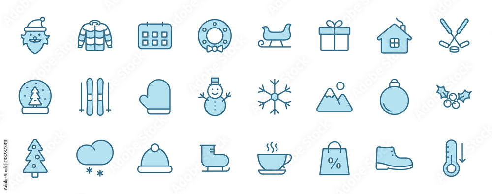 winter line vector icons in two colors isolated on white background. winter blue icon set for web and ui design, mobile apps and print products