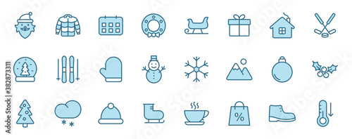 winter line vector icons in two colors isolated on white background. winter blue icon set for web and ui design, mobile apps and print products