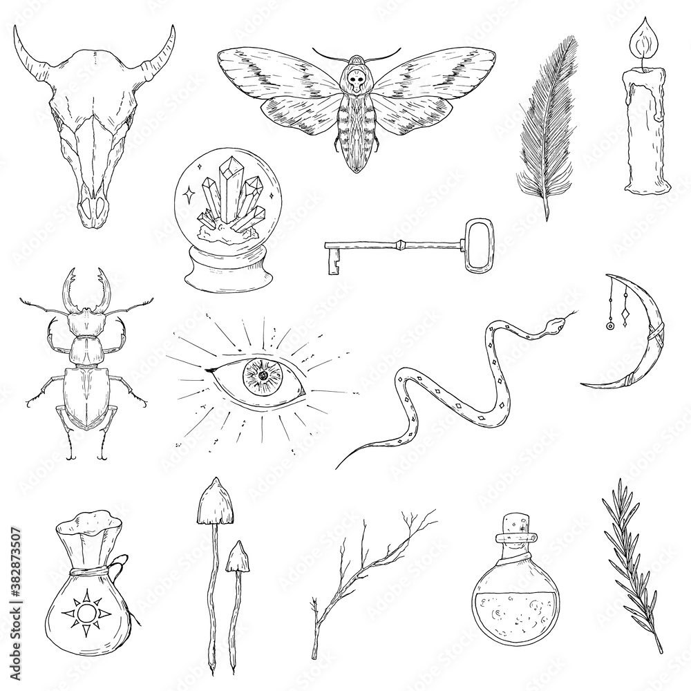 Magical occult elements. Vector set of witchcraft accessories. Isolated  objects. Stock Vector | Adobe Stock