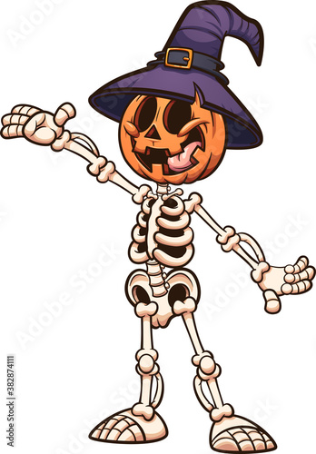 Halloween pumpkin monster with skeleton body and witch hat. Vector clip art illustration with simple gradients. All on a single layer. 
