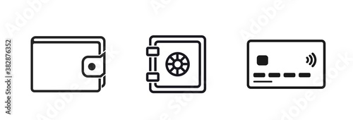wallet, credit card and money safe line icons. finances and banking symbols