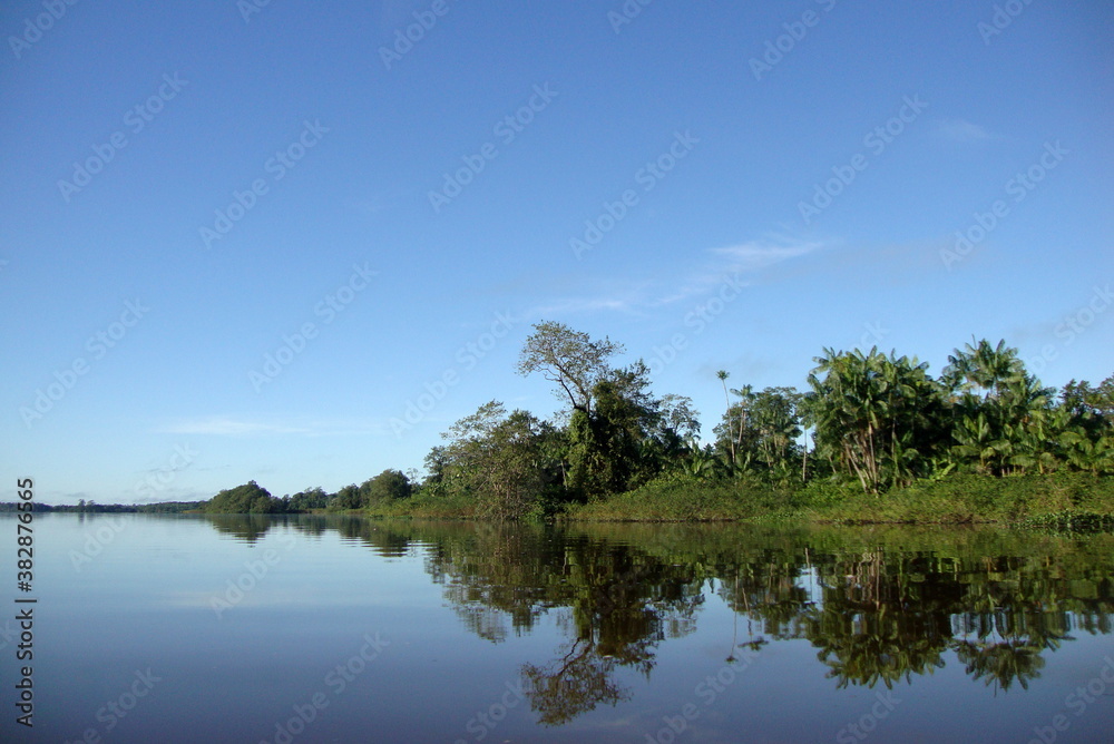Natural landscape on the banks of the Gurupi River, which divides the Brazilian states of Para and Maranhao. Clean and blue sky