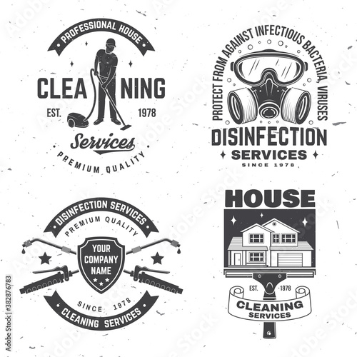 Disinfection and cleaning services badge, logo, emblem. Vector. For professional disinfection and cleaning company. Vintage typography design with disinfectant worker and sprayer