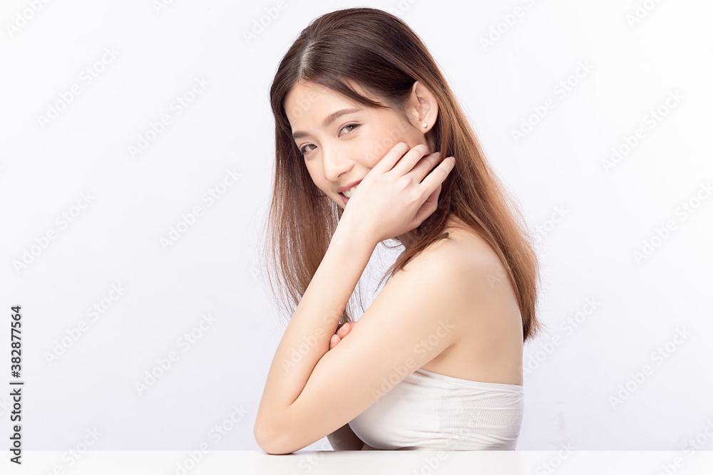 Young asian woman natural beauty makeup, Fashion model, Health wellness, Beautiful girl skin care and facial treatment. Isolated on beige background. With copy space for your text. Young asian woman natural beauty makeup, Fashion model, Health wellness, Beautiful girl skin care and facial treatment. Isolated on beige background. With copy space for your text.