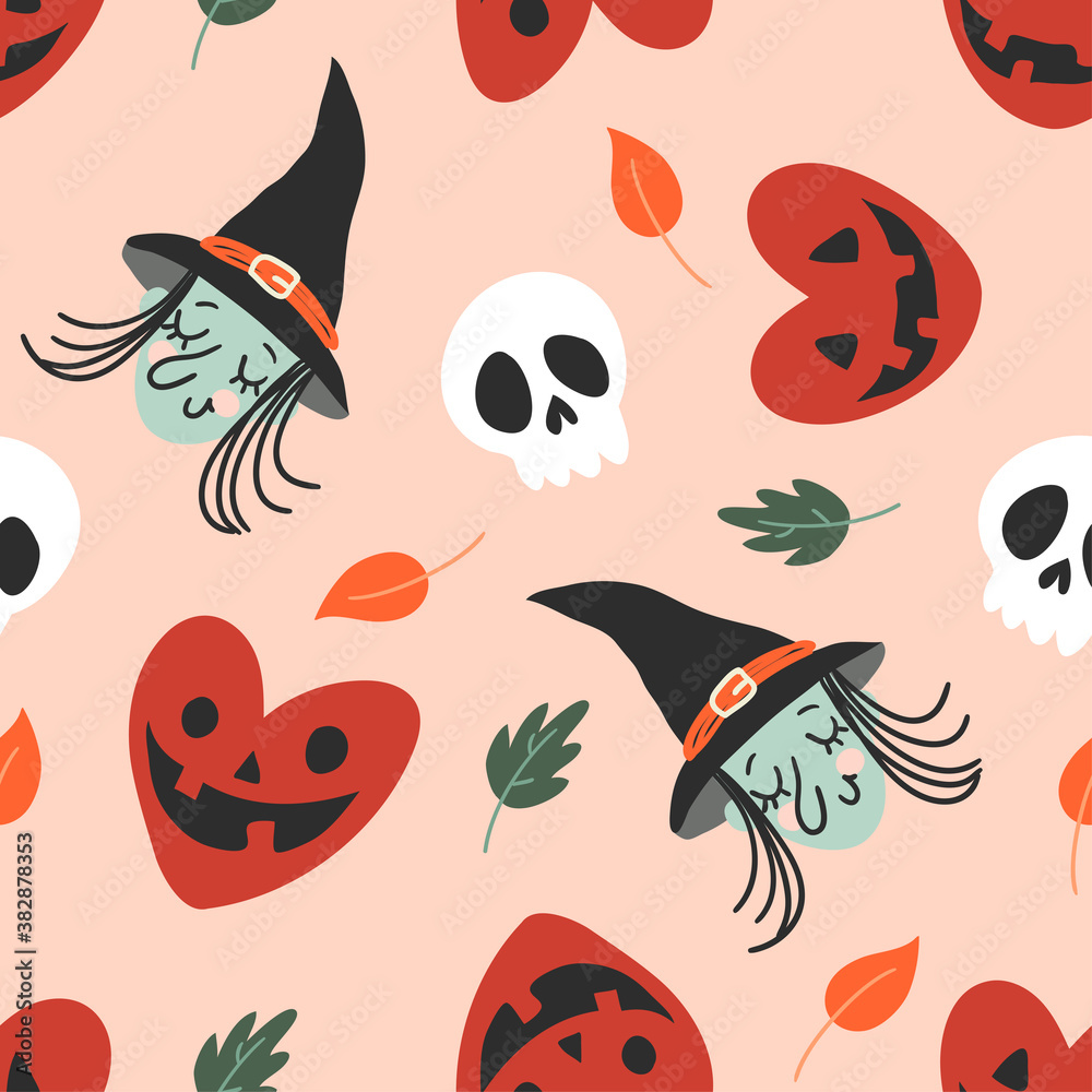 Fototapeta premium Halloween vector seamless background with pumpkins in heart shape, witch and scull. Lovely funny spooky texture for halloween holidays