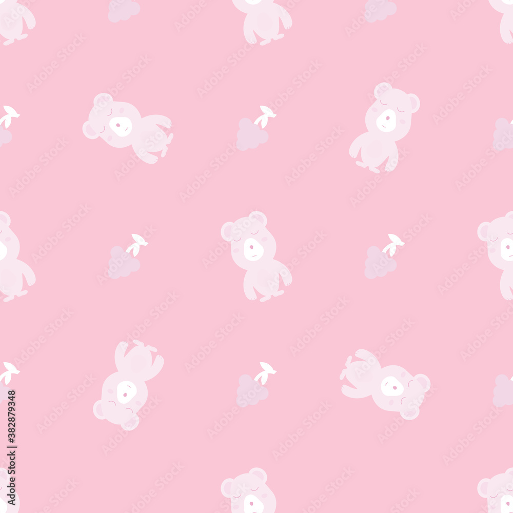 Seamless pattern with funny bear and raspberries on a pink background. For children's textiles and linen, wrapping paper, notebook and phone covers. Vector illustration

