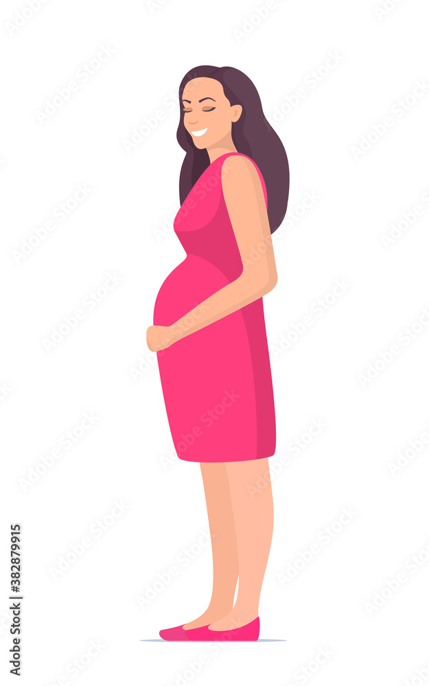 Cute pregnant woman standing and holds hands the big belly. Happy beautiful pregnant woman character. Girl expecting a baby. Maternity concept. Vector Illustration. Cute pregnant woman standing and holds hands the big belly. Happy beautiful pregnant woman character. Girl expecting a baby. Maternity concept. Vector Illustration.