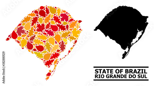 Mosaic autumn leaves and solid map of Rio Grande do Sul State. Vector map of Rio Grande do Sul State is made from randomized autumn maple and oak leaves. Abstract territorial plan in bright gold, red,