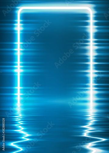 Abstract dark futuristic background. Blue neon light rays reflect off the water. Background of empty stage show, beach party. 3d illustration