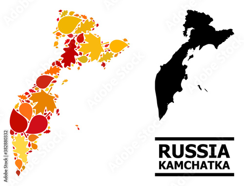 Mosaic autumn leaves and usual map of Kamchatka Peninsula. Vector map of Kamchatka Peninsula is created of scattered autumn maple and oak leaves. Abstract territorial scheme in bright gold, red,