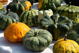 Variety of Halloween pumpkins on the market stall