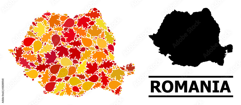 Mosaic autumn leaves and solid map of Romania. Vector map of Romania is made of random autumn maple and oak leaves. Abstract geographic scheme in bright gold, red, brown colors for map of Romania.