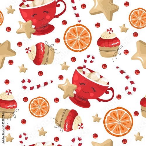 Christmas and New year festive seamless pattern for wrapping paper or fabric with different elemets. Fashionable vintage style.