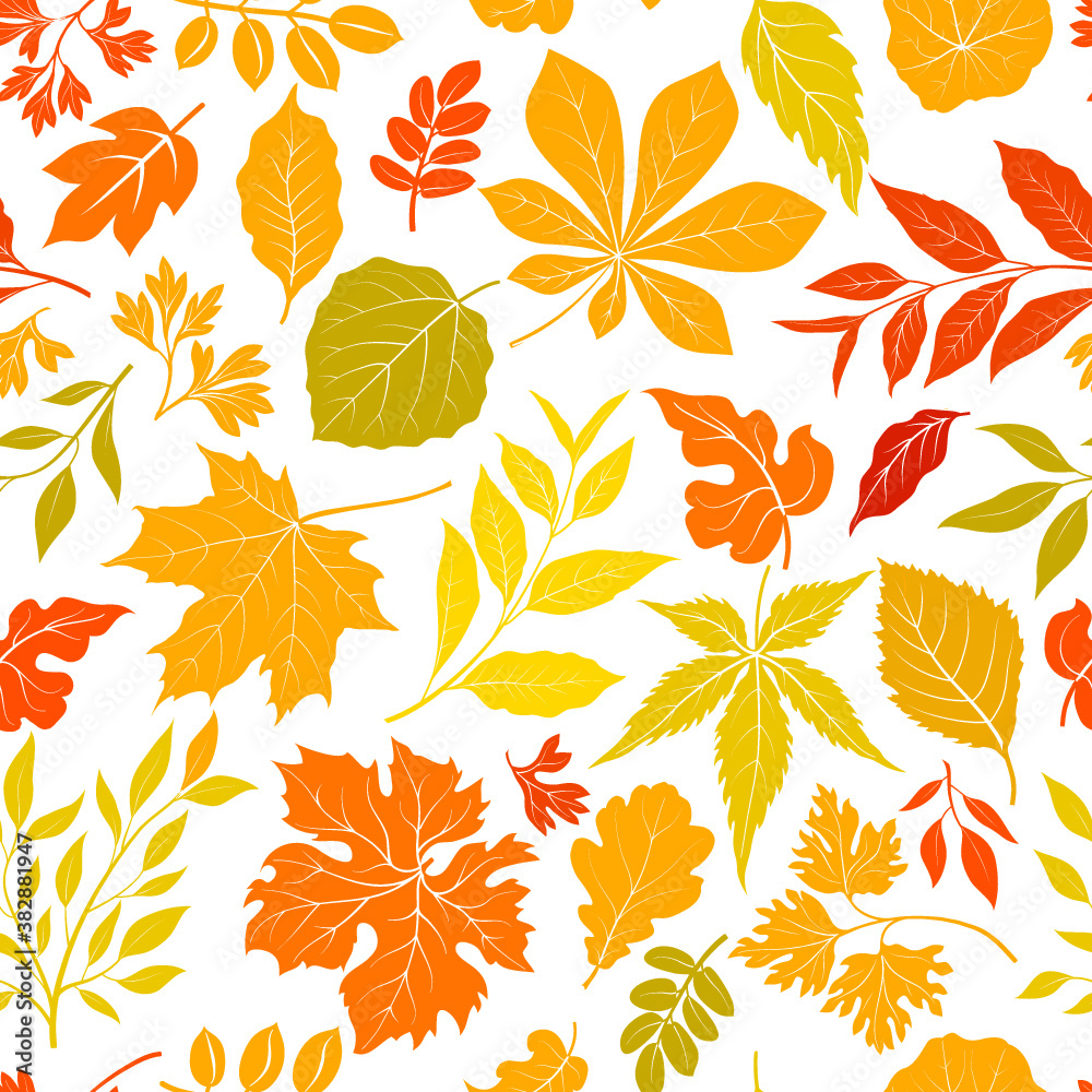 Autumn leaves stylish background. Fall seamless pattern with hand drawn leaves. Seasonal nature backdrop