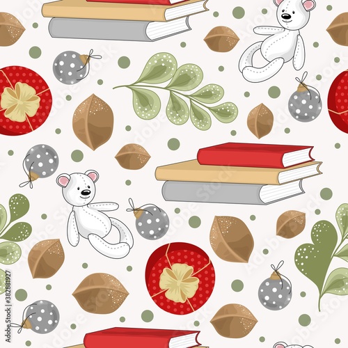 Christmas and New year festive seamless pattern for wrapping paper or fabric with different elemets. Fashionable vintage style.