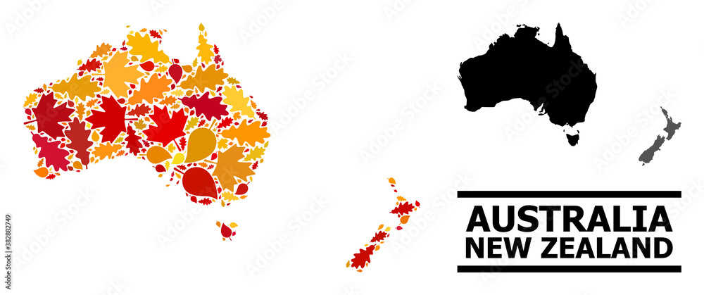 Obraz premium Mosaic autumn leaves and usual map of Australia and New Zealand. Vector map of Australia and New Zealand is constructed with randomized autumn maple and oak leaves.