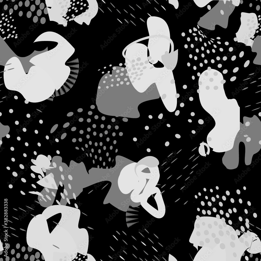 Abstract dotted seamless pattern with chaotic flowing blots. Stylish ornamental painted monochrome fabric