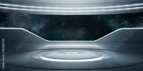 3d rendering. Futuristic interior with empty stage. Modern future background. Technology sci-fi hi technology concept. 3d rendering . Galaxy. stars .