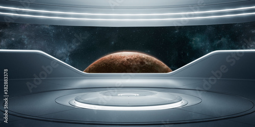 3d rendering. Futuristic interior with empty stage. Modern future background. Technology sci-fi hi technology concept. 3d rendering . Galaxy. stars .Mars , planets, Spaceship, windows sci fi