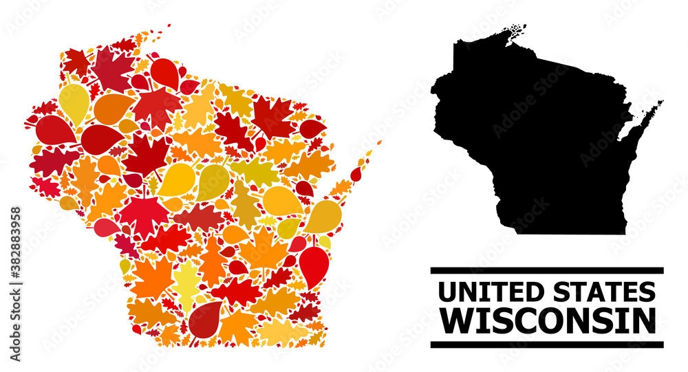 Obraz premium Mosaic autumn leaves and usual map of Wisconsin State. Vector map of Wisconsin State is done with random autumn maple and oak leaves. Abstract territory plan in bright gold, red,
