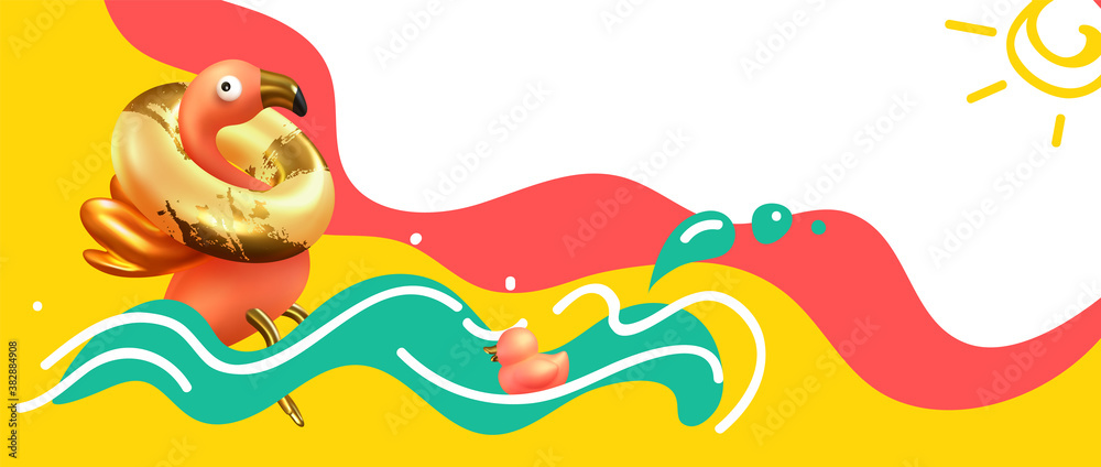 Summer background, sea, Pink flamingo floats on the waves Realistic 3d object and doodle style. Party banner, web poster. Abstract art vector illustration