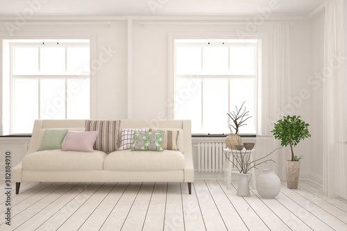 White living room with sofa. Scandinavian interior design. 3D illustration