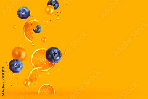 Orange fruit realistic design slices and halves. Background with citrus fruits and berries blueberries, currants. Vector illustration