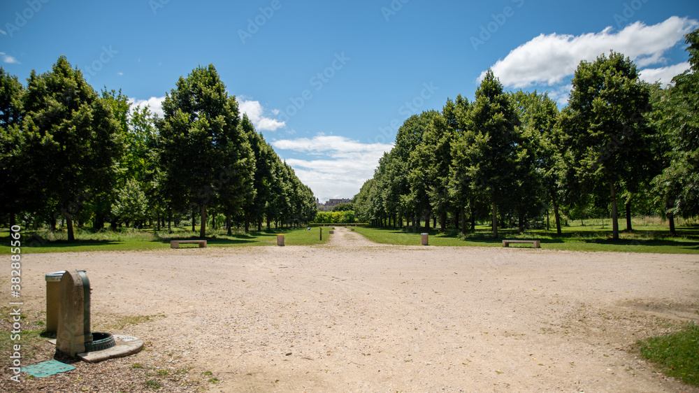 Walk in the park, central path, bordered by two large alleys of trees
Walk in the park, central path, bordered by two large alleys of trees