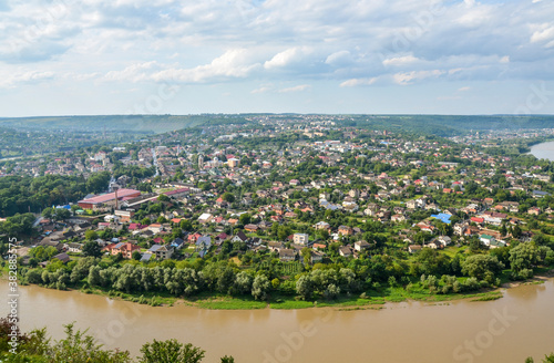 Dnister River and Zalishchyky city seen from viewpoint in Khreshchatyk village, Ukraine