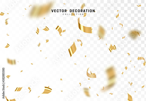 Falling shiny golden confetti isolated on transparent background. Bright festive tinsel of gold color.