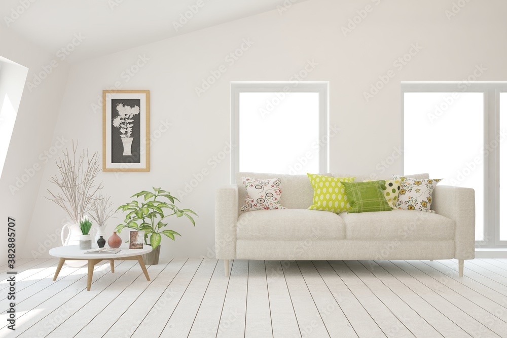 Naklejka premium White living room with sofa. Scandinavian interior design. 3D illustration