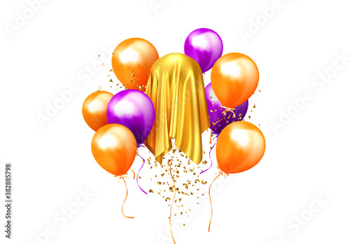Balloons with confetti and surprise hidden under the cloth. Celebrate background with realistic air helium balloons pink and purple color. Festive composition. Holiday decorative. vector illustration