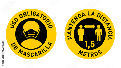 Set of Round Sticker Signs in Spanish "Uso Obligatorio de Mascarilla" (Face Masks Required) and "Mantenga La Distancia 1,5 Metros" (Keep Your Distance 1,5 Meters). Vector Image.