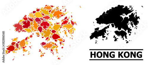 Mosaic autumn leaves and usual map of Hong Kong. Vector map of Hong Kong is constructed of randomized autumn maple and oak leaves. Abstract geographic plan in bright gold, red,