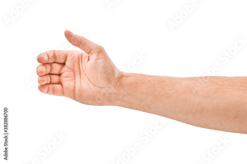 Photos adult man hand to hold something like phone, isolated on white