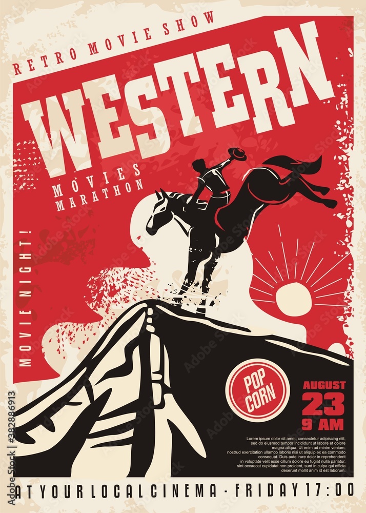 Western movies poster template with cowboy riding the horse in Arizona ...