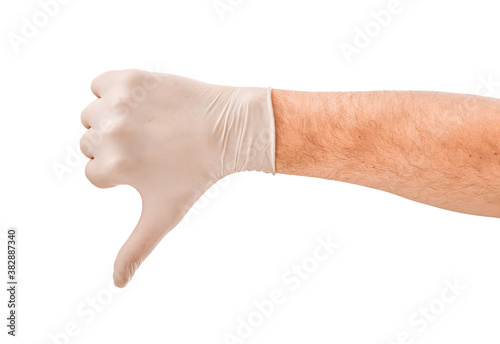 Male hand in white medical glove isolated on white background