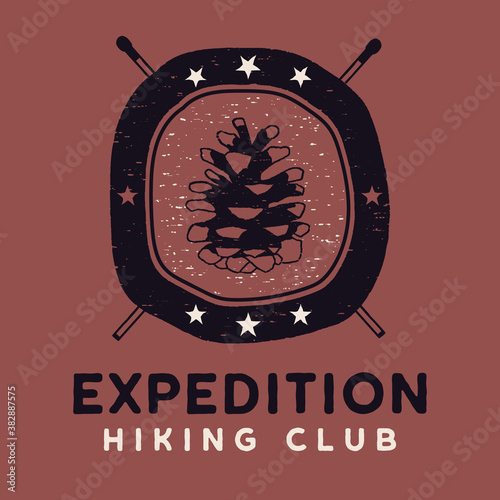 Expedition Hiking Club logo, retro camping adventure emblem design with a conifer cone and matches. Unusual vintage art retro style sticker. Stock vector patch