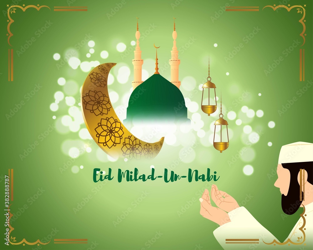 Vector illustration of Eid Milad-Un-Nabi means birth of the Prophet, mosque, moon, lanterns, muslim man performing prayer, bokeh background, Islamic greeting banner template. Vector illustration of Eid Milad-Un-Nabi means birth of the Prophet, mosque, moon, lanterns, muslim man performing prayer, bokeh background, Islamic greeting banner template.