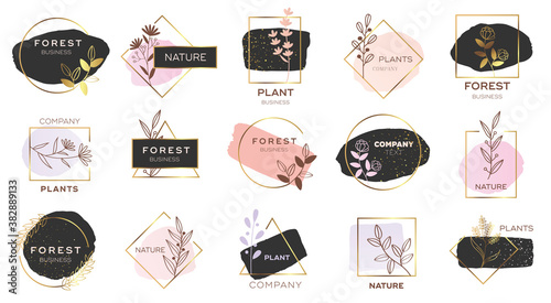 Set of modern flower logo design with gold and pastel colors.