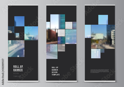 Vector layout of roll up mockup design templates for vertical flyers, flags design templates, banner stands, advertising mockups. Abstract design project in geometric style with blue squares.